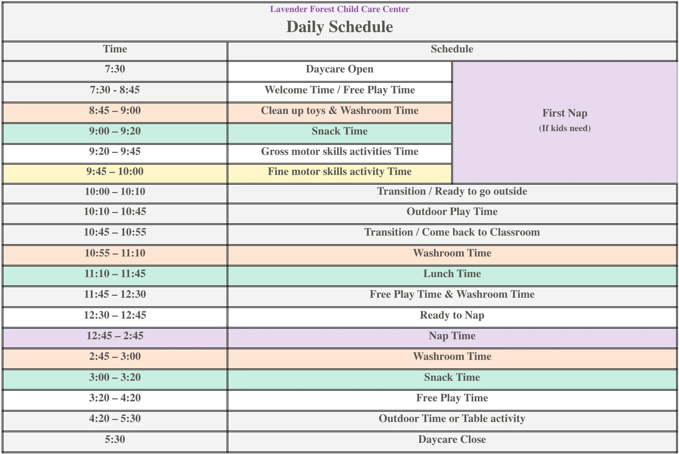 Daily schedule